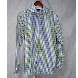 Hugo Boss Green Blue Check Dress Shirt Size L (16) Slim Fit